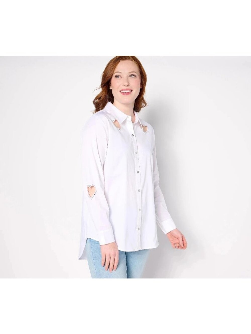 Attitudes by Renee Shirt Large Woven Heart Cutout Button Up White Corporate NEW